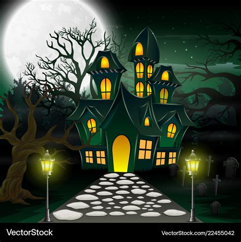 Cartoon haunted house with full moon background Vector Image