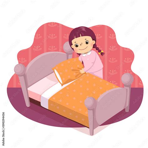 Vector illustration cartoon of a little girl making the bed. Kids doing housework chores at home ...