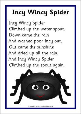 Incy Wincy Spider song sheet (SB10810) - SparkleBox | Nursery rhymes songs, Nursery songs ...