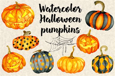 Halloween watercolor pumpkins on Yellow Images Creative Store