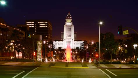 Time Lapse Of Los Angeles City Hall At Night With Illuminated Fountain ...