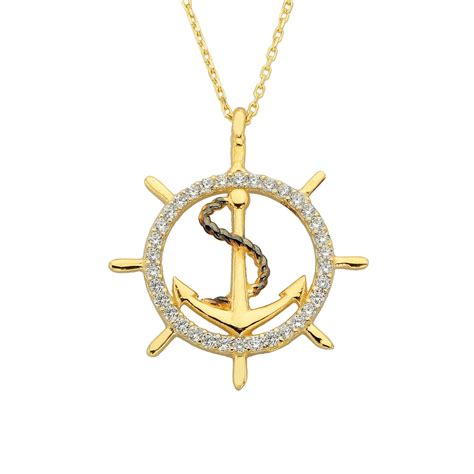 14K Real Solid Gold Anchor Ship Wheel Nautical Pendant Necklace for Women