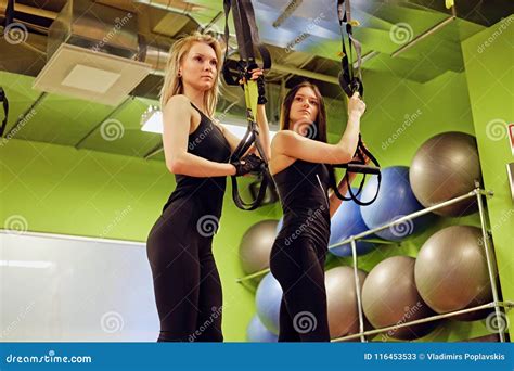 Two Sporty Females Doing Trx Straps Exercises in a Gym. Stock Image ...