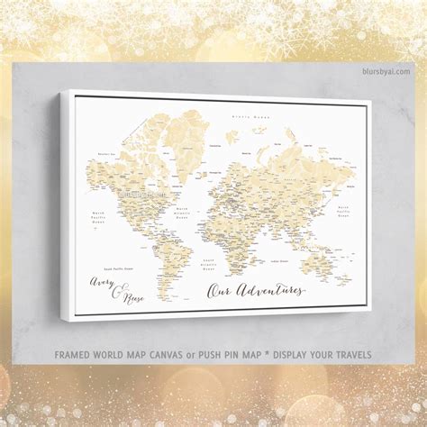 Custom world map with cities, canvas print or push pin map in elegant ...