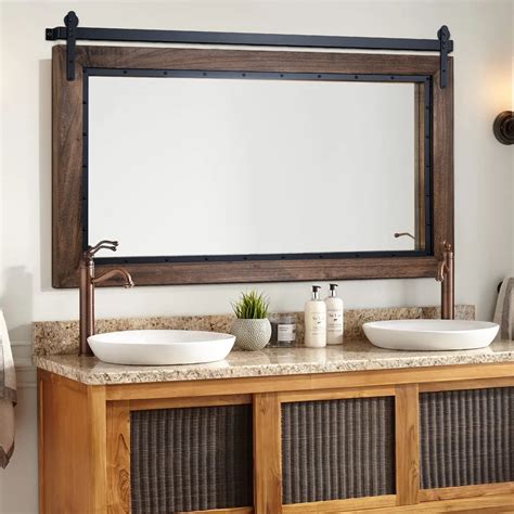 YOSHOOT Farmhouse Barn Door Mirror,48"x30" Rustic Bathroom Mirror, Wood ...