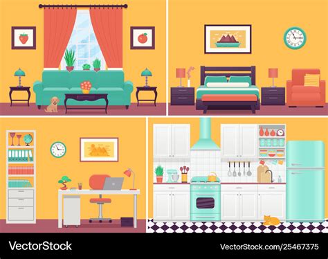 Room interiors in flat design cartoon house Vector Image