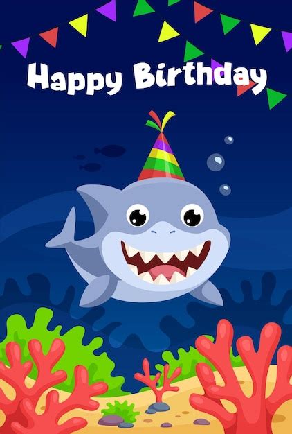 Premium Vector | Funny shark underwater happy birthday card template