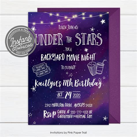 EDITABLE Under the Stars Invitation Backyard Movie Night - Etsy