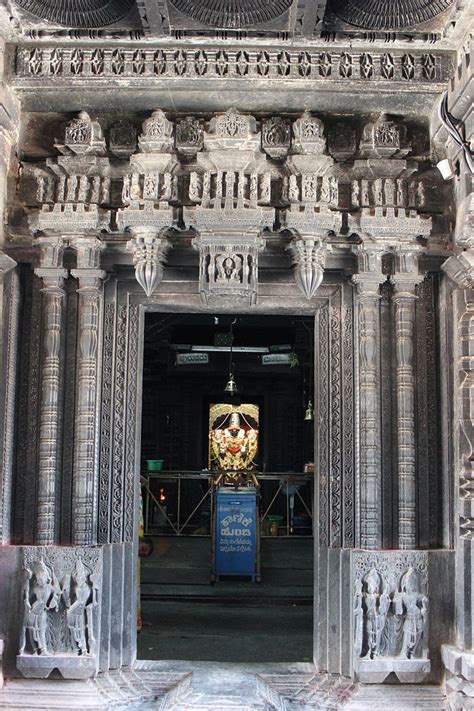 Ornate lintel and door jamb relief at entrance to inner mantapa in the Harihareshwara templ ...