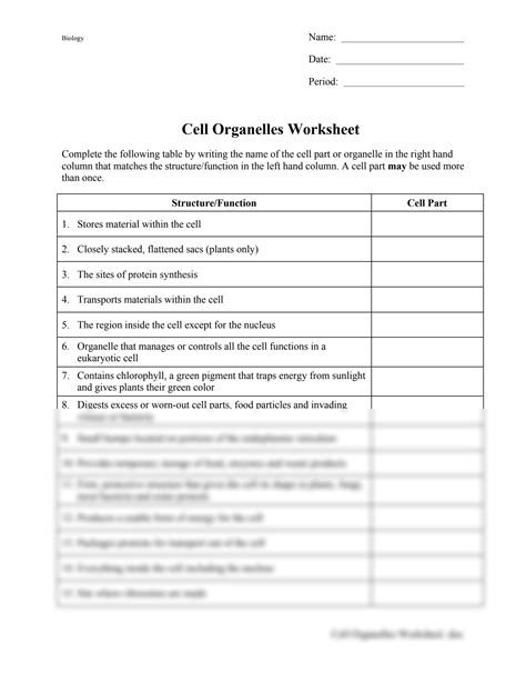 Eukaryotic Cell Structure Worksheet