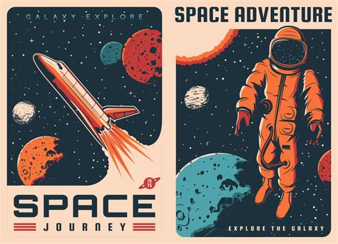 Spaceship, astronaut in outer space retro posters 23844148 Vector Art ...