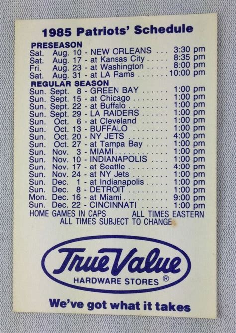 NFL 1985 New England Patriots Football Schedule Card - WEEI 590 & True Value | eBay