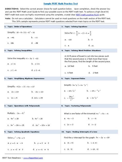 Sample PERT Math Practice TEST | Polynomial | Mathematical Objects