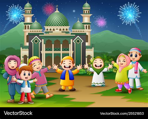 Happy kids celebrate for eid mubarak with mosque Vector Image