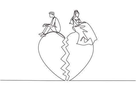 Continuous one line drawing relationship break up, broken heart, couple facing opposite ...