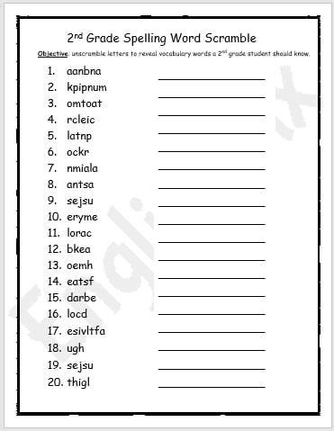 2nd Grade Spelling Word Scramble Worksheet - EnglishBix