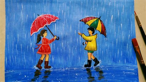 Very easy Rainy Season Scenery Drawing For kids and beginners || kids enjoying Rainy season ...