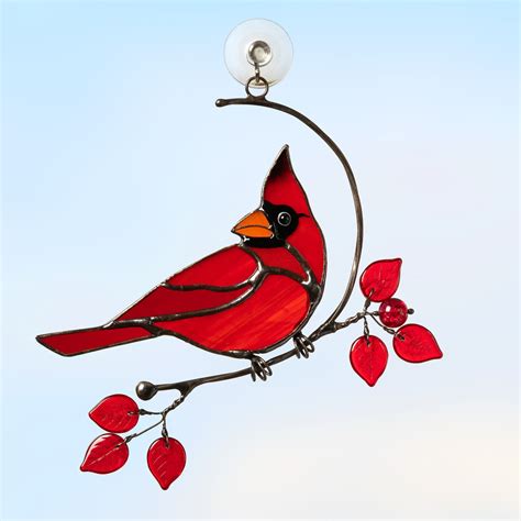 Set of stained glass male and female cardinals suncatchers