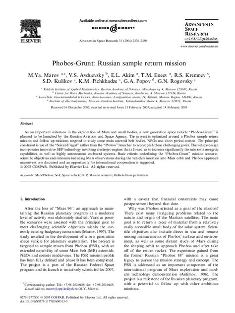 (PDF) Phobos-Grunt: Russian sample return mission | M. Marov - Academia.edu