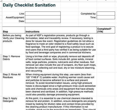 Free Food Production Line Sanitation Daily Checklist (.xlsx) | Weever