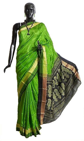 Green Rajshahi Silk Saree with Black Border and Pallu with All-Over Boota