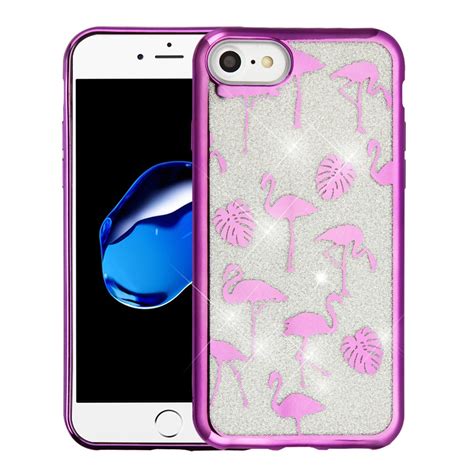 For iPhone SE 2020 SE2 Case, by Insten Glitter Flamingo Land Dual Layer [Shock Absorbing] Hybrid ...