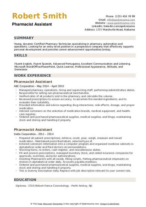 Pharmacist Assistant Resume Samples | QwikResume