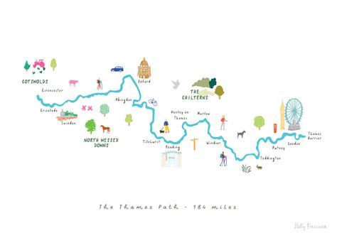 Thames Path River Hiking Route Map Art Print By Holly Francesca