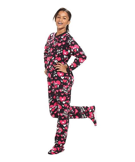 Footed Pajamas Black Heart & Skulls Fleece Footie - Kids | Kids footed ...