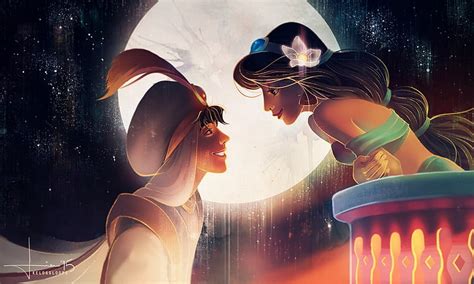 HD wallpaper: Alladin and Jasmine wallpaper, aladdin, moon, sky, cartoon, women | Wallpaper Flare