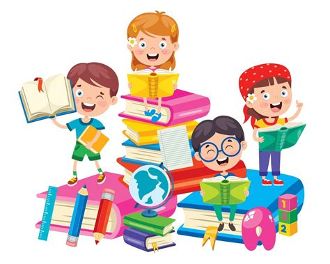 Happy School Kids on Big Books Learning 1219722 Vector Art at Vecteezy