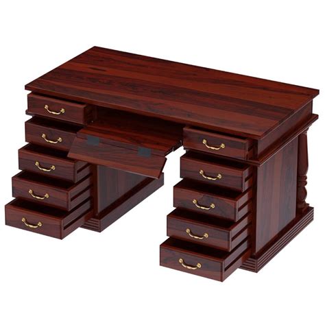 Rustic Solid Wood Home Office Executive Computer Desk with 11 Drawers