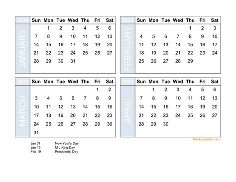 Free Download 2024 Excel Calendar four month in landscape format