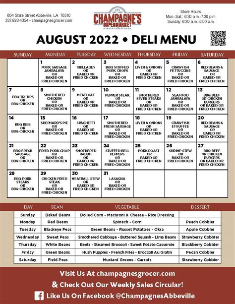 Champagne's Supermarket - Daily Deli Menu for August