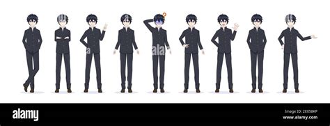 Anime manga boy in full-length black school uniform. Various poses and ...