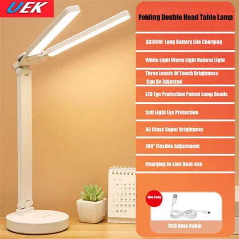 UEK Double-Headed Table Lamp Eye Protection Dimming Folding Charging and Inserting Dual-Use LED ...