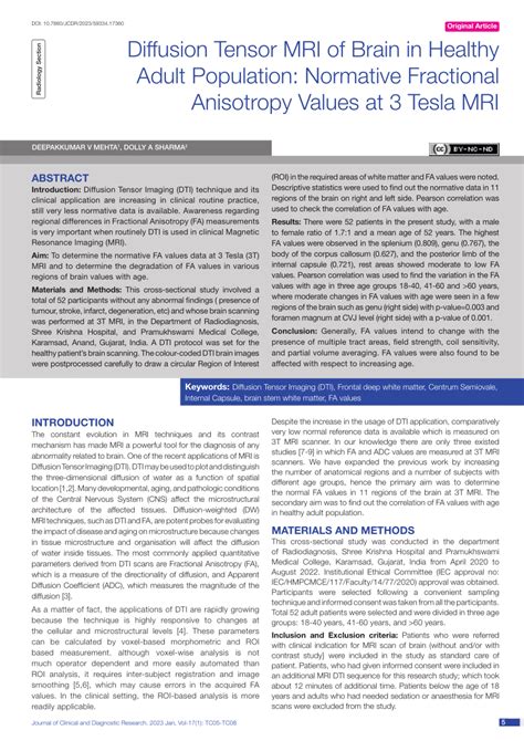 (PDF) Diffusion Tensor MRI of Brain in Healthy Adult Population: Normative Fractional Anisotropy ...