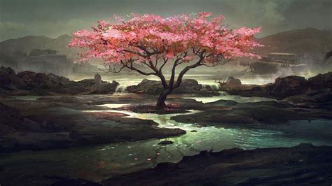 Pink Anime Tree Wallpaper