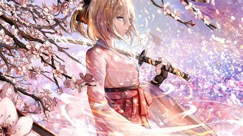 Download wallpaper 2048x1152 sakura saber, katana, cherry blossom, anime, dual wide 2048x1152 hd ...