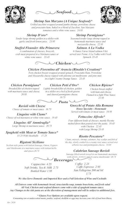 Villa Romana Italian Restaurant menu in Myrtle Beach, South Carolina, USA