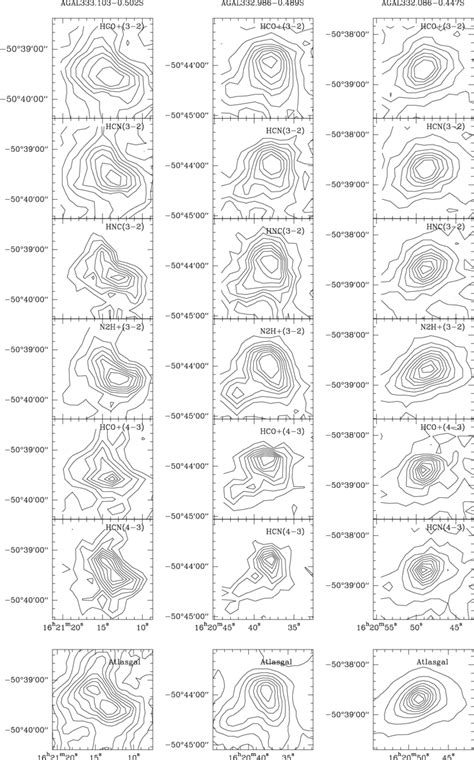 Contour maps of the emissions of 6 different molecular lines and ...