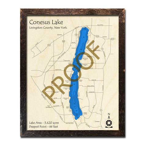 Conesus Lake, NY 3D Wood Topo Map