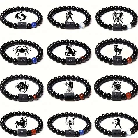 Unisex 12 Constellations Beads Bracelet Black Stone Elastic - Temu