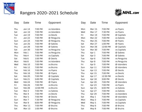 New York Rangers Printable Schedule