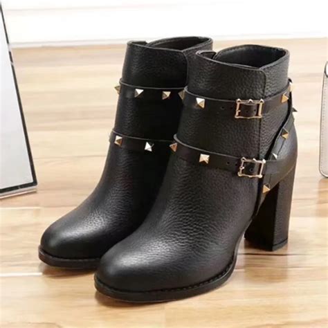 Genuine Leather Black Ankle Boots Woman Round Toe Rivet Chunky High Heel Boots Woman Fashion ...