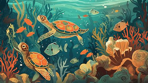 Underwater World Sea Turtle Illustration Background, Underwater World, Marine Life, Ocean ...