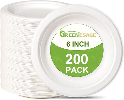 GREENESAGE Paper Plates 6 inch, 200 Pack Paper Plates Bulk, Compostable Plates White Paper ...