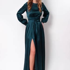 Dark Teal Green Silk Dress With Belt, Long Slit Dress, Bridesmaid Dress ...