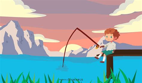 Boy Fishing On Lake Cartoon Vector Download