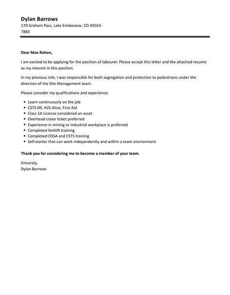 Labourer Cover Letter | Velvet Jobs